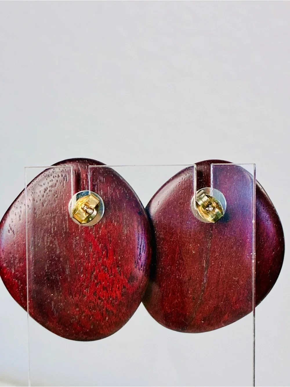 Unique Round Dark Cherry Wood Stud Earrings with Gold Accent - Women’s Jewelry
